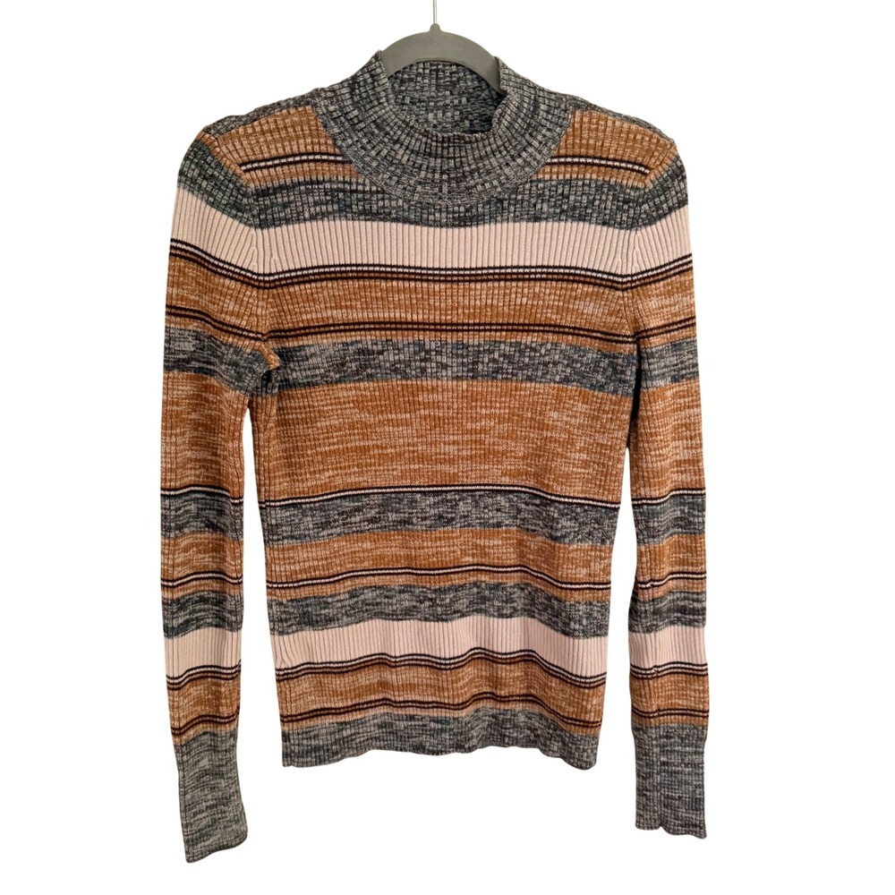 Prana Organic Cotton Striped Rib Knit Mock Neck Sweater Brown Grey Medium